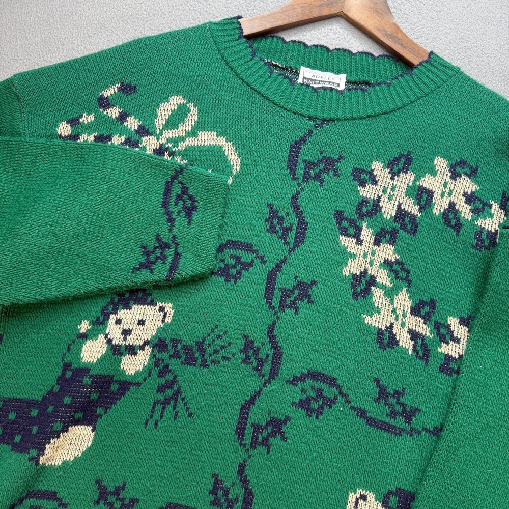 Vintage Adele Knitwear Christmas Sweater Womens Medium Green Acrylic Teddy Bear